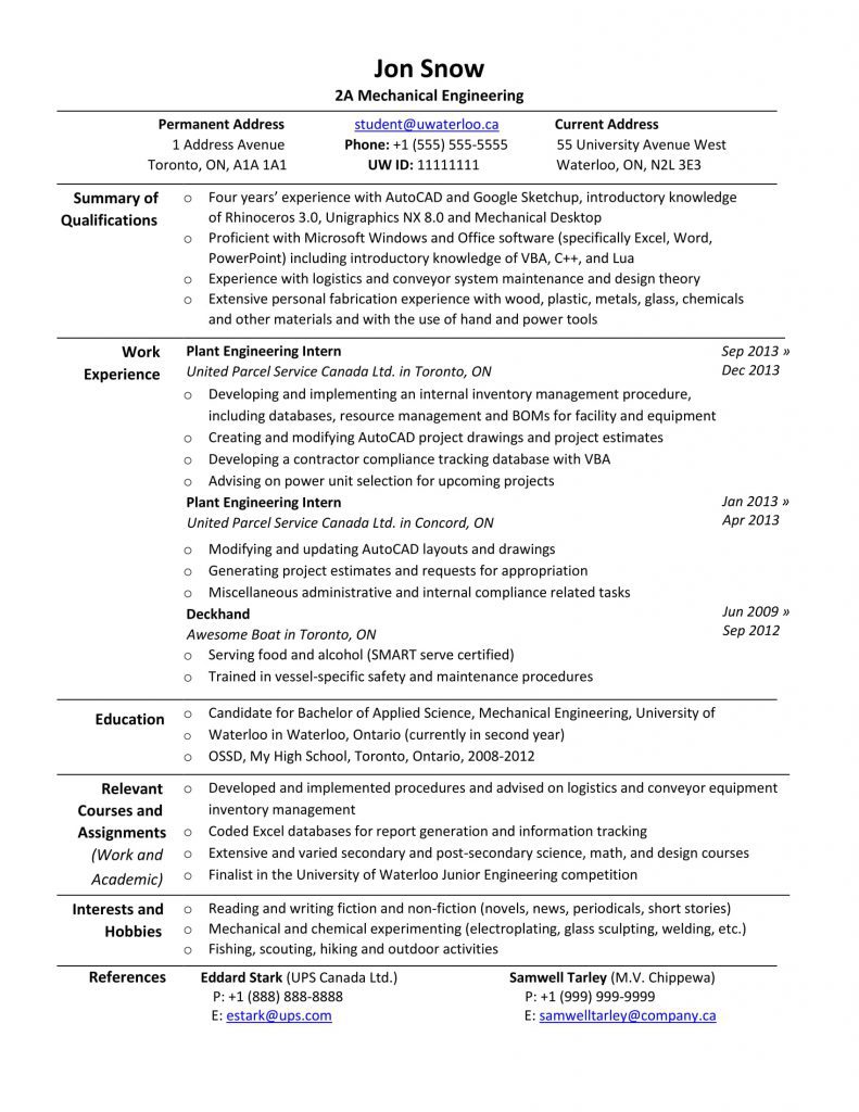 resume templates  u2013 waterloo engineering society